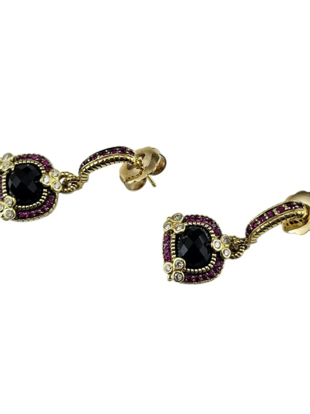 Judith Ripka 18K Gold Black and Red Stones Diamond Dangle Earrings #25487